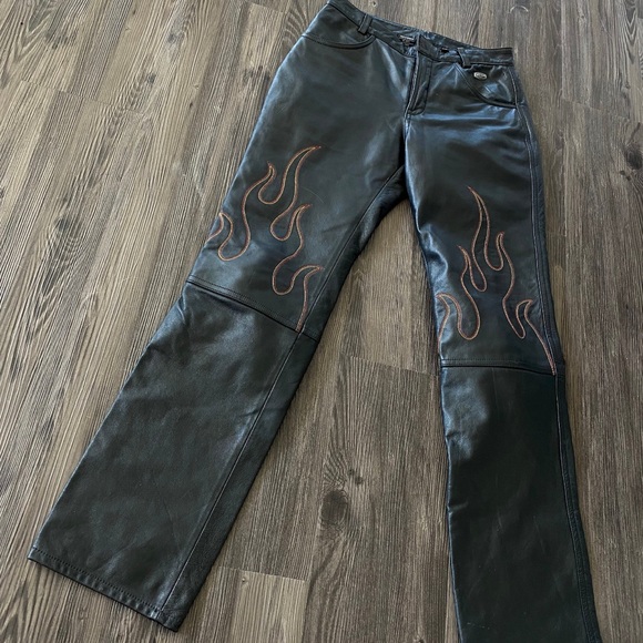 Rare vintage leather Harley Davidson flames pants black motorcycle orange - Picture 5 of 10